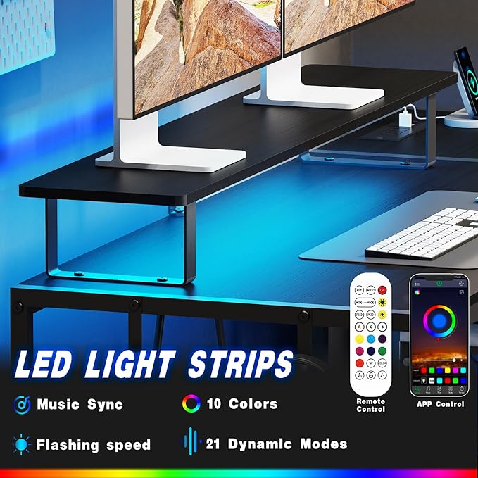 Gaming Desk with Led Light & Power Outlets, 48" Computer Desk with Wooden Drawers and Monitor Stand, Office Desk with Shelves and 2 Headphone Hooks, Work Desk for Home Office,Black - LeafyLoom