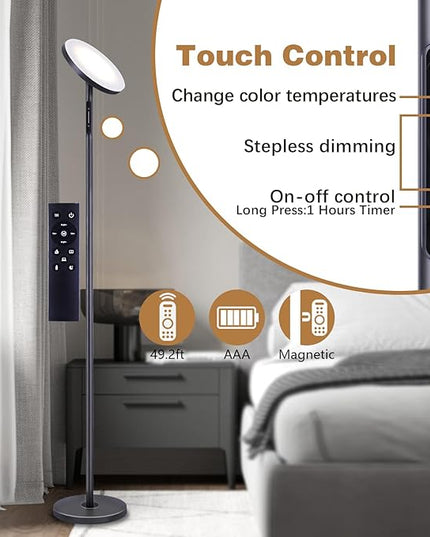 ‎Floor Lamp for Living Room, LED Tall Standing Lamp for Bedroom Reading, Torchiere Super Bright Dimmable, Side Lighting for Offices Rooms with Remote Touch Control. Adjustable 4 Colors. - LeafyLoom