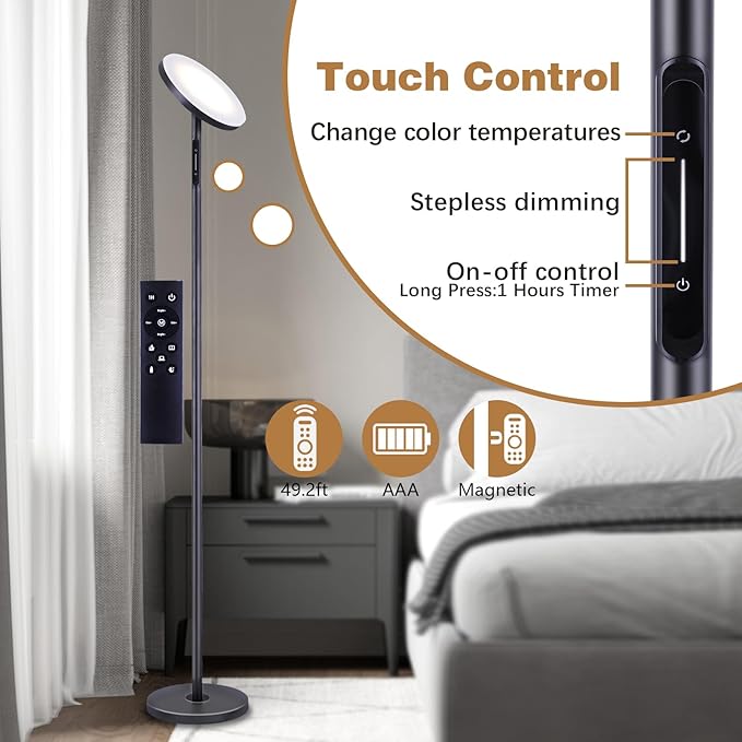 ‎Floor Lamp for Living Room, LED Tall Standing Lamp for Bedroom Reading, Torchiere Super Bright Dimmable, Side Lighting for Offices Rooms with Remote Touch Control. Adjustable 4 Colors. - LeafyLoom