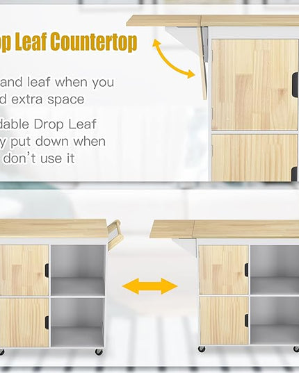 Usinso Rolling Kitchen Island, Kitchen Island Storage Cabinets on Wheels with Drop Leaf Countertop, Handle Racks, Caster Liquor Cart Suitable for Placing (White) - LeafyLoom
