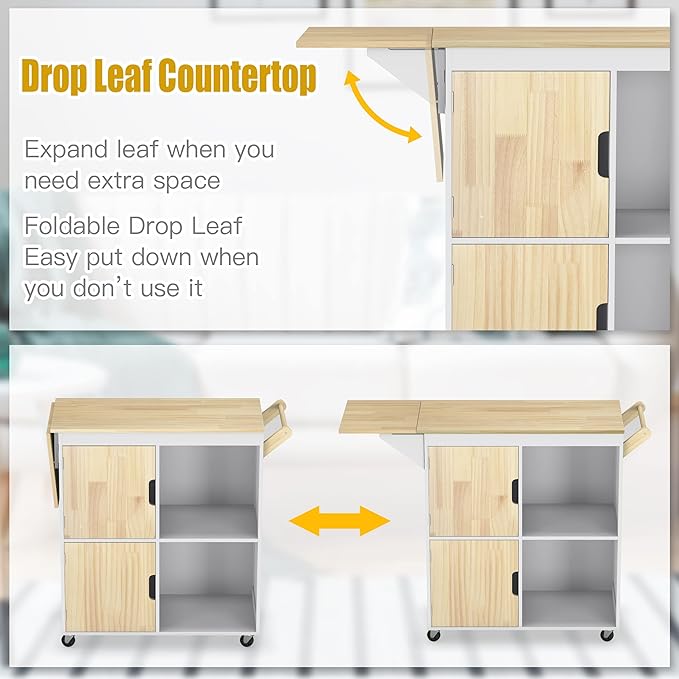 Usinso Rolling Kitchen Island, Kitchen Island Storage Cabinets on Wheels with Drop Leaf Countertop, Handle Racks, Caster Liquor Cart Suitable for Placing (White) - LeafyLoom