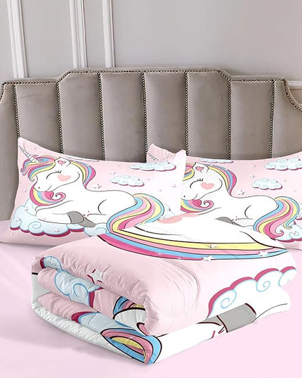 Kids Comforter Bedding Set Twin Size, 3 Piece Super Soft Breathable Print Kids Bedding Sets for Girls, Machine Washable Durable Comforter Set with Comforter and 2 Pillowcases (Twin, Pink Unicorn) - LeafyLoom