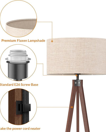 LEPOWER Wood Floor Lamp Tripod, Mid Century Lamps for Living Room, Modern Design Standing Lamp for Bedroom and Office, Flaxen Lamp Shade with E26 Lamp Base Brown - LeafyLoom