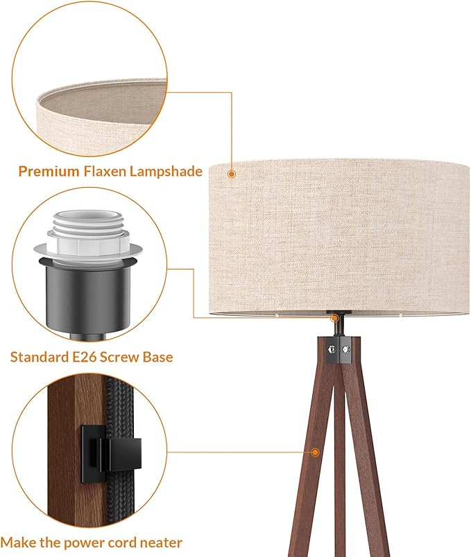 LEPOWER Wood Floor Lamp Tripod, Mid Century Lamps for Living Room, Modern Design Standing Lamp for Bedroom and Office, Flaxen Lamp Shade with E26 Lamp Base Brown - LeafyLoom