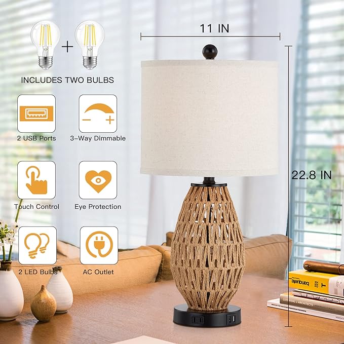 Touch Control Rattan Table Lamps, 3 Way Dimmable Bedside Lamps for Bedroom Set of 2 with 2 USB Ports and AC Outlet, Wicker Nightstand Lamps for Living Room (LED Bulbs Included) - LeafyLoom