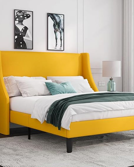 Allewie Full Size Bed Frame, Platform Bed Frame with Upholstered Headboard, Modern Deluxe Wingback, Wood Slat Support, Mattress Foundation, Light Yellow - LeafyLoom