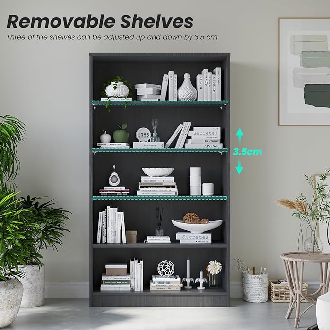 Farini 5 shelf boockase Display Bookcase Freestanding Wooden Bookshelves for Home Office Living Room,60 Inch Height,Grey - LeafyLoom