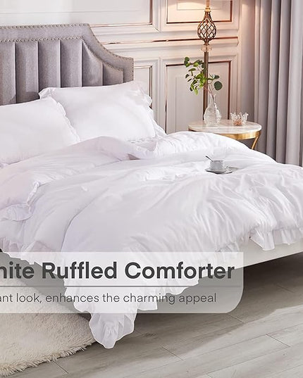 Andency White California King Comforter Set, 3 Pieces Shabby Chic Ruffle Solid Cal King Bedding Sets, Oversized All Season Soft Lightweight Down Alternative Bed Set for Adults Men Women - LeafyLoom