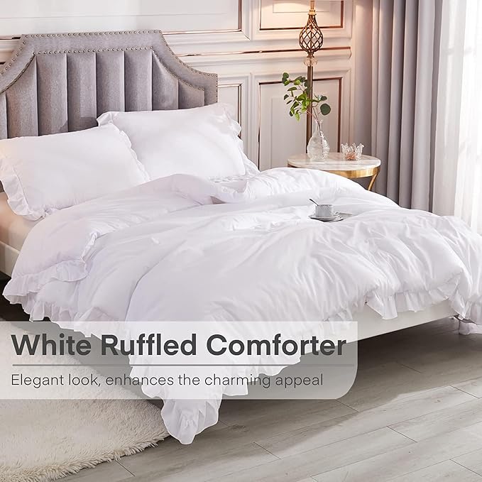 Andency White California King Comforter Set, 3 Pieces Shabby Chic Ruffle Solid Cal King Bedding Sets, Oversized All Season Soft Lightweight Down Alternative Bed Set for Adults Men Women - LeafyLoom