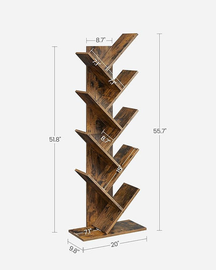 VASAGLE Tree Bookshelf, 9-Tier Bookcase, Large Bookshelf, Space-Saving Corner Shelf, Book Tree, Holds Books, CDs, Games, for Bedroom, Living Room, Home Office, Rustic Brown ULBC11BX - LeafyLoom