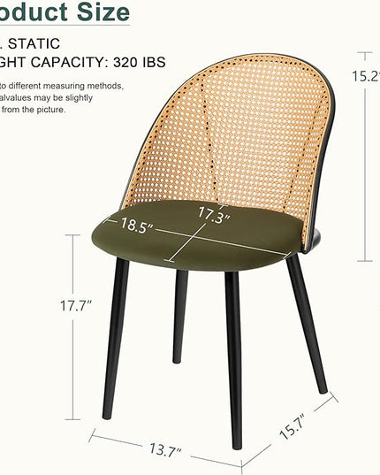 Mid Century Modern Dining Chairs Set of 2, Olive Green Dining Chairs, Kitchen Chairs with Full Rattan Back and Metal Tapered Legs, Kitchen & Dining Room Chairs - LeafyLoom
