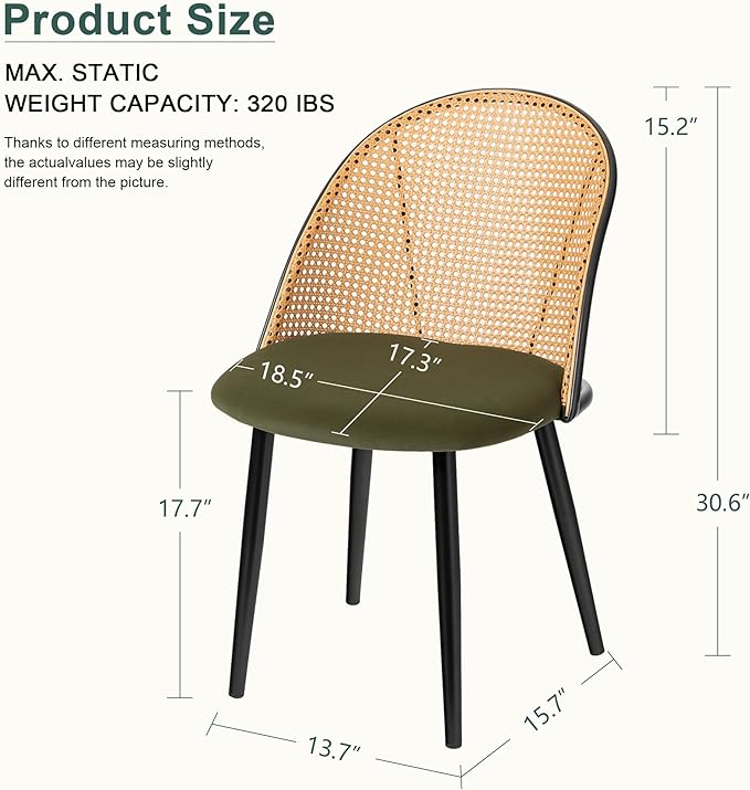 Mid Century Modern Dining Chairs Set of 2, Olive Green Dining Chairs, Kitchen Chairs with Full Rattan Back and Metal Tapered Legs, Kitchen & Dining Room Chairs - LeafyLoom