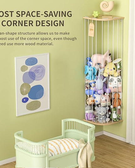 Stuffed Animal Storage for Plushie Toys - Large Wood Corner Hanging Pet Storage with Sky Pattern, Length Adjustable Toy Organizer Shelf for Nursery Play Room Bedroom Kid Room - LeafyLoom