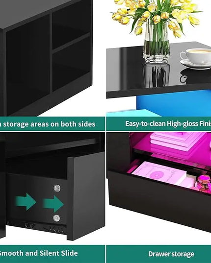 YITAHOME Modern Coffee Tables for Living Room, High Gloss LED Coffee Table, Storage Coffee Table, Small Coffee Table, Wood Center Table with 2 Sliding Drawers and Open Side Shelf,Black - LeafyLoom