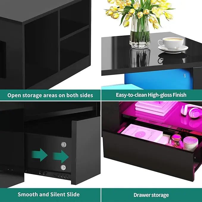 YITAHOME Modern Coffee Tables for Living Room, High Gloss LED Coffee Table, Storage Coffee Table, Small Coffee Table, Wood Center Table with 2 Sliding Drawers and Open Side Shelf,Black - LeafyLoom