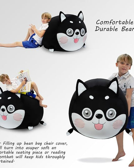 Toy Organizers and Storage for Kids Room Decorations, Childrens Bean Bag Chairs Black Cute Dog, Extra Large Size, Velvet Super Soft Cover Only - LeafyLoom