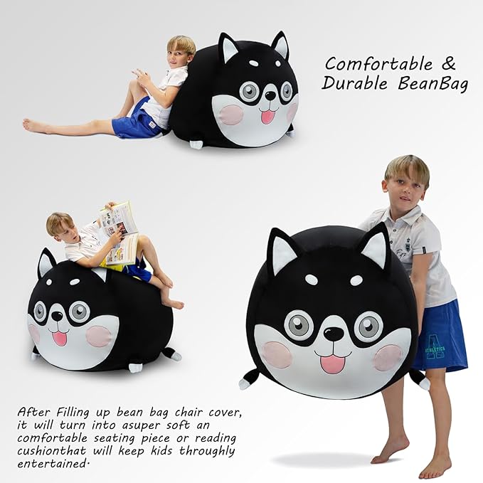 Toy Organizers and Storage for Kids Room Decorations, Childrens Bean Bag Chairs Black Cute Dog, Extra Large Size, Velvet Super Soft Cover Only - LeafyLoom