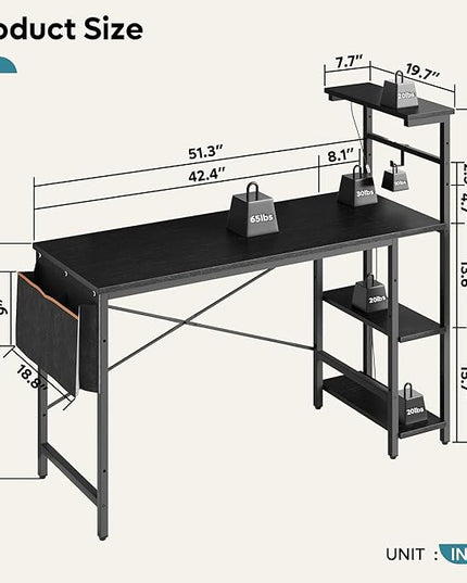 Bestier Gaming Desk with LED Lights, Computer Desk with 4 Tiers Reversible Shelves, 51.3 Inch Home Office Writing Desk with Side Storage Bag, Hooks and Height Adjustable Shelf (Black Grained) - LeafyLoom