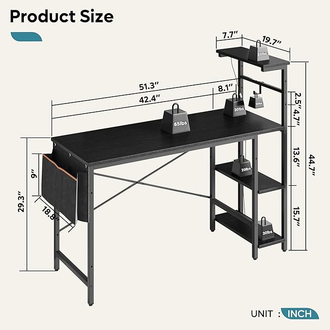 Bestier Gaming Desk with LED Lights, Computer Desk with 4 Tiers Reversible Shelves, 51.3 Inch Home Office Writing Desk with Side Storage Bag, Hooks and Height Adjustable Shelf (Black Grained) - LeafyLoom