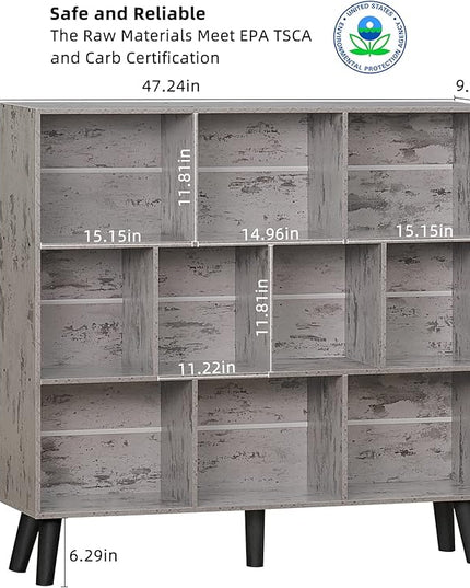 LEYAOYAO 10 Cube Bookshelf,3 Tier Modern Wide Bookcase with Legs,Mid-Century Wood Bookshelves Storage，Retro Grey Large Book Case,Freestanding Organizer Display Shelf for Bedroom,Living Room,Office - LeafyLoom