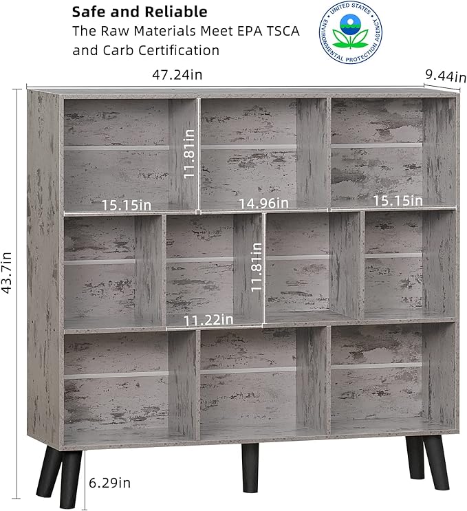 LEYAOYAO 10 Cube Bookshelf,3 Tier Modern Wide Bookcase with Legs,Mid-Century Wood Bookshelves Storage，Retro Grey Large Book Case,Freestanding Organizer Display Shelf for Bedroom,Living Room,Office - LeafyLoom