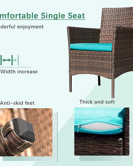 Greesum Patio Furniture 4 Pieces Conversation Sets Outdoor Wicker Rattan Chairs Garden Backyard Balcony Porch Poolside loveseat with Soft Cushion and Glass Table, Brown and Blue - LeafyLoom