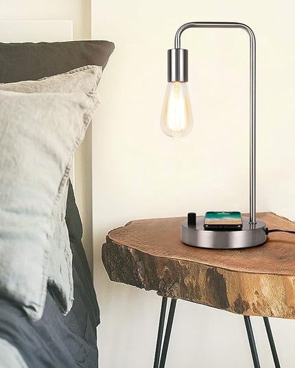 USB Desk Lamp – Table Lamp with Wireless Charging Pad and USB Port, Edison Bedside Nightstand Lamp with Metal Base for Guestroom Bedroom Living Room Office, Satin Nickel - LeafyLoom