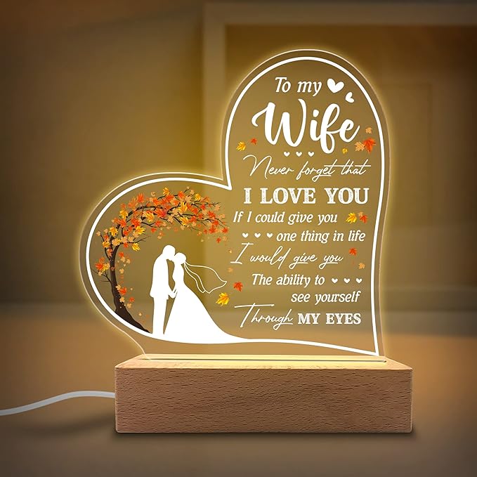 Acrylic Night Light Gifts for Wife - to My Wife Never Forget That I Love You - Wife Gifts from Husband to Wife on Valentines, Anniversary - Wife Birthday Gift Ideas - LeafyLoom