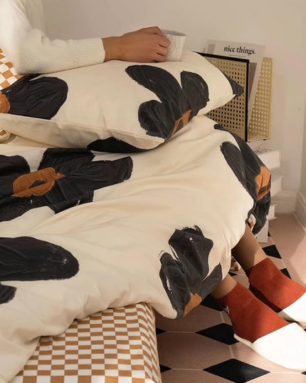 Black Floral Comforter Set Black and White Bedding Queen Comforter Set Flowers Cotton Women Modern Elegant Chic Quilts Blankets Lightweight Black Flower Reversible Bed Comforter Set - LeafyLoom