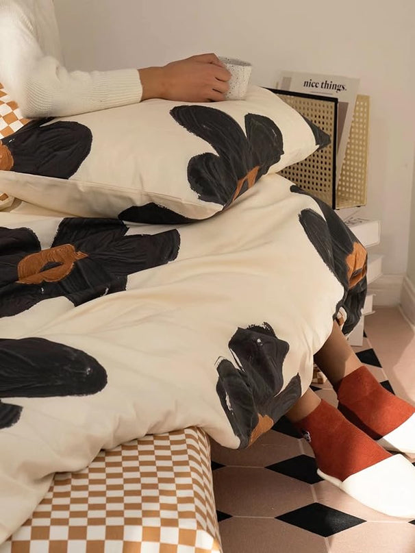 Black Floral Comforter Set Black and White Bedding Queen Comforter Set Flowers Cotton Women Modern Elegant Chic Quilts Blankets Lightweight Black Flower Reversible Bed Comforter Set - LeafyLoom