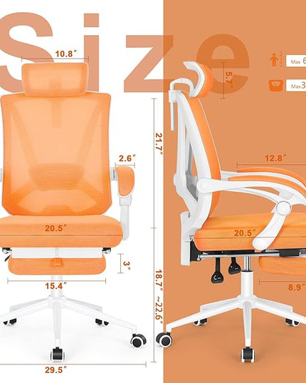 Misolant Ergonomic Office Chair with Footrest, Ergonomic Desk Chair with Adjustable 2D Lumbar Support, High Back Office Chair with Adjustable Headrest, Comfortable Office Chair Orange - LeafyLoom