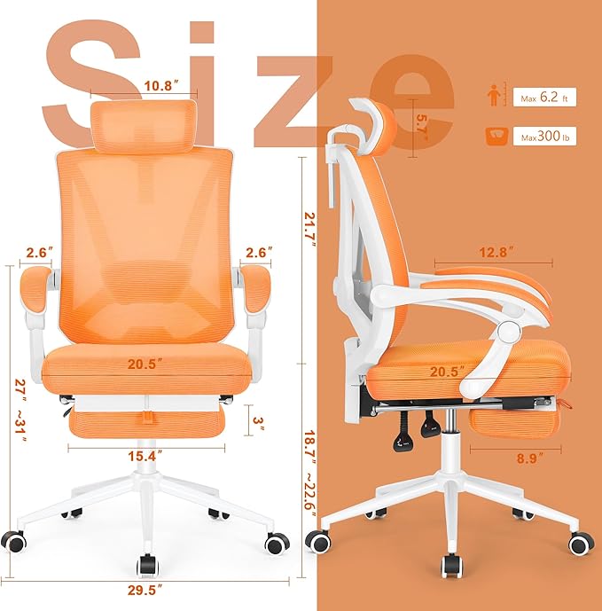 Misolant Ergonomic Office Chair with Footrest, Ergonomic Desk Chair with Adjustable 2D Lumbar Support, High Back Office Chair with Adjustable Headrest, Comfortable Office Chair Orange - LeafyLoom