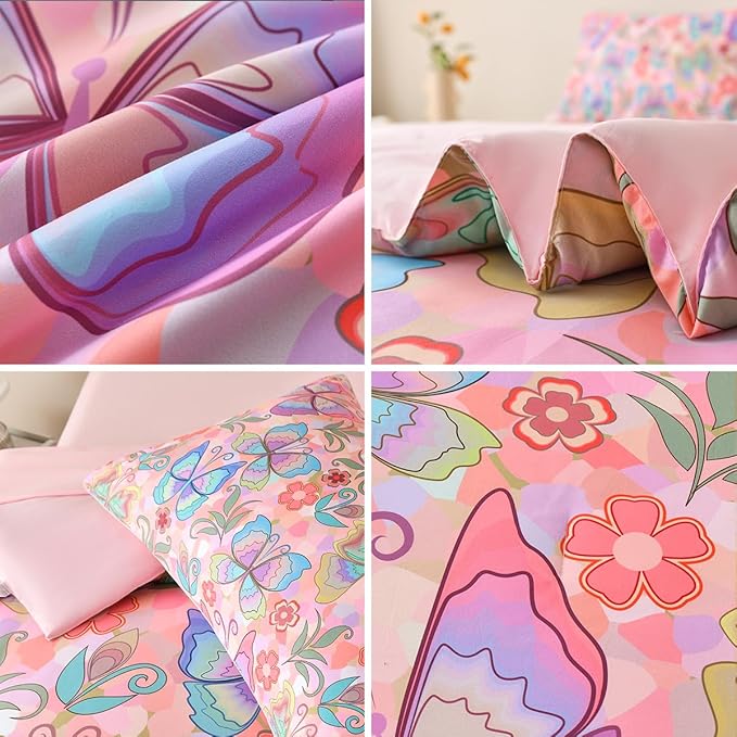 Butterfly Bedding Set Twin, Pink Butterfly Comforter Set for Girls Kids Teens 6 pcs Bed in a Bag Twin Bedding Sets for Girls - LeafyLoom