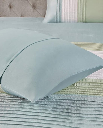 Madison Park Amherst Faux Silk Comforter Set-Casual Contemporary Design All Season Down Alternative Bedding, Matching Shams, Bedskirt, Decorative Pillows, Cal King(104"x92"), Green, 7 Piece (MP10-848) - LeafyLoom