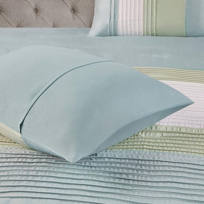 Madison Park Amherst Faux Silk Comforter Set-Casual Contemporary Design All Season Down Alternative Bedding, Matching Shams, Bedskirt, Decorative Pillows, Cal King(104"x92"), Green, 7 Piece (MP10-848) - LeafyLoom