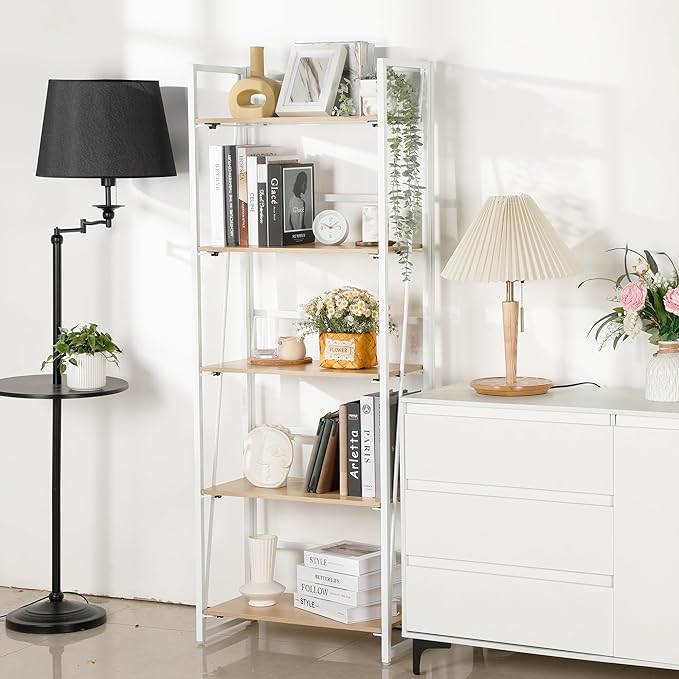 No-Assembly Folding Bookshelf Storage Shelves 5 Tiers Foldable Vintage Multifunctional Plant Flower Stand Storage Rack Shelves Bookcase for Home Office, White - LeafyLoom