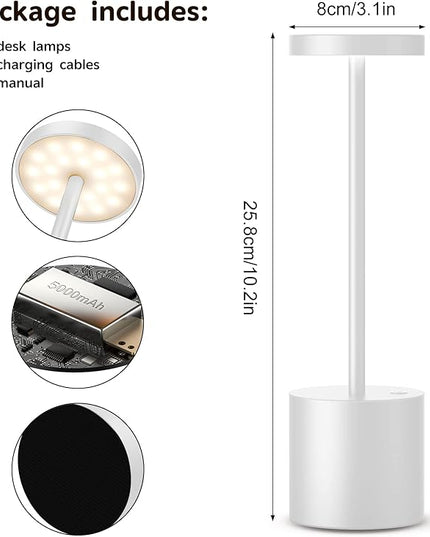 2Pack Cordless Table Lamp, Rechargeable LED Battery 5000mAh Metal USB Portable Powered Desk Lamp, 3 Levels Brightness Light for Restaurants Outdoor (2 pack 10.25in White) - LeafyLoom