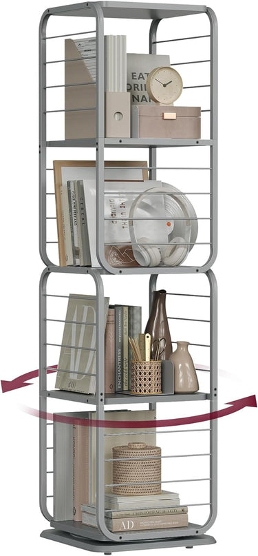 VASAGLE 4-Tier Rotating Bookshelf, Bookcase with Bookends for Small Spaces, Corner Shelf, Steel Frame, Dove Grey ULLS127G36 - LeafyLoom