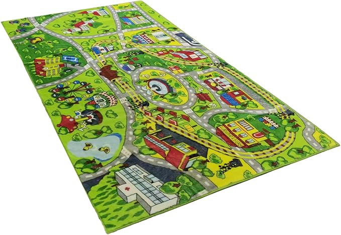 Booooom Jackson Car Mat for Kids Toy Cars,Soft Kids Play Rug,Non Slip Race Car Rug Car Play Mat,Road Rug,Train Rug,Washable Kids Rug for Bedroom Boys,Playroom,Preschool,Area Rug for Kids Room Cars - LeafyLoom