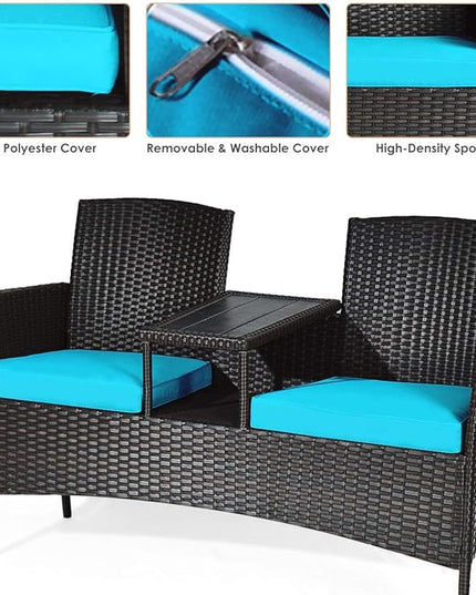 LUARANE Outdoor Rattan Sofas, Contract Patio Conversation Set Wicker Sofa Set with Built-in Coffee Table, Patio Furniture Set with Cushions, Rattan Loveseat for Lawn Backyard Garden (Brown+Blue) - LeafyLoom