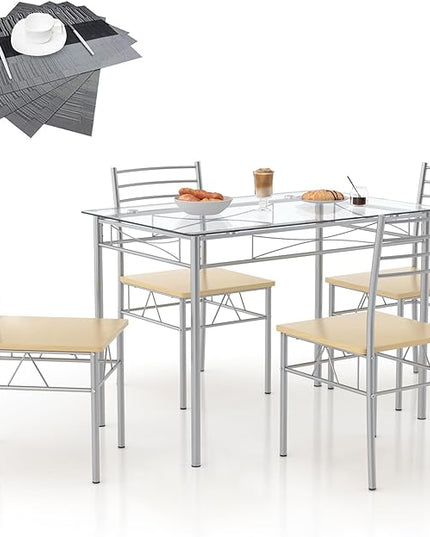 VECELO 5 Piece Dining Table Set for 4 with Chairs, Glass Tabletop, Small Space, Silver - LeafyLoom