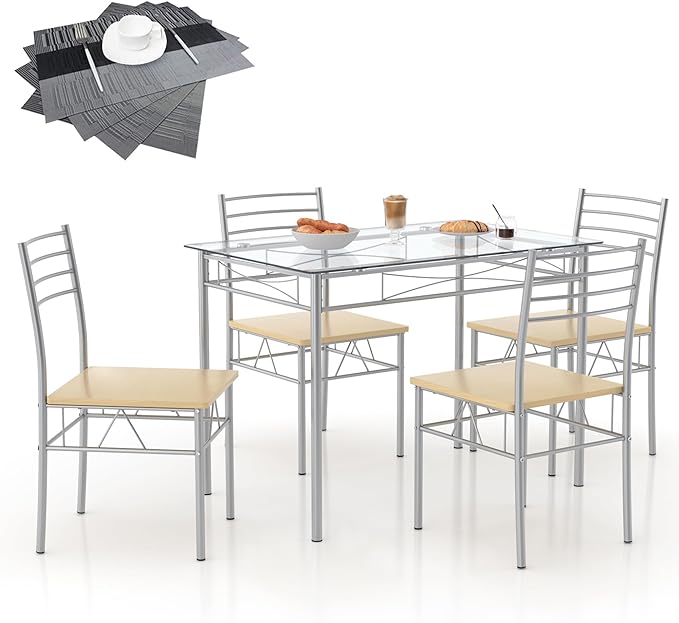 VECELO 5 Piece Dining Table Set for 4 with Chairs, Glass Tabletop, Small Space, Silver - LeafyLoom
