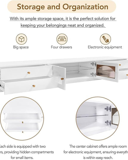 Luxurious Long Fluted Doors, Tempered Glass Shelf Entertainment Center Media Console Table Stand for TVs Up to 95'', with Multiple Storage for Living Room, Bedroom, White - LeafyLoom