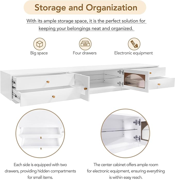 Luxurious Long Fluted Doors, Tempered Glass Shelf Entertainment Center Media Console Table Stand for TVs Up to 95'', with Multiple Storage for Living Room, Bedroom, White - LeafyLoom