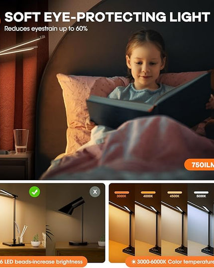 RealPlus Desk Lamp with USB Charging Port & 【Adapter】, 17IN Tall LED Desk Lamps for Home Office, 10W Double Head Desk Lamp with Pen Holder, Memory Function/10 Brightness/5 Colors/Reading Mode/Timer - LeafyLoom