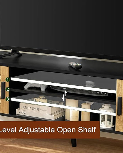 Iwell Rattan TV Stand for 70 inch TV, Entertainment Center with Adjustable Shelf & 2 Cabinets, TV Stands for Living Room, Bedroom, Natural + Black - LeafyLoom