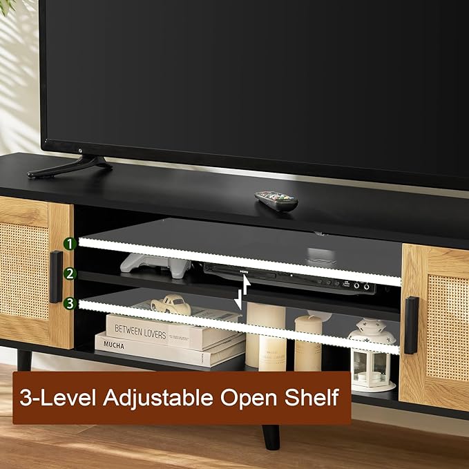 Iwell Rattan TV Stand for 70 inch TV, Entertainment Center with Adjustable Shelf & 2 Cabinets, TV Stands for Living Room, Bedroom, Natural + Black - LeafyLoom