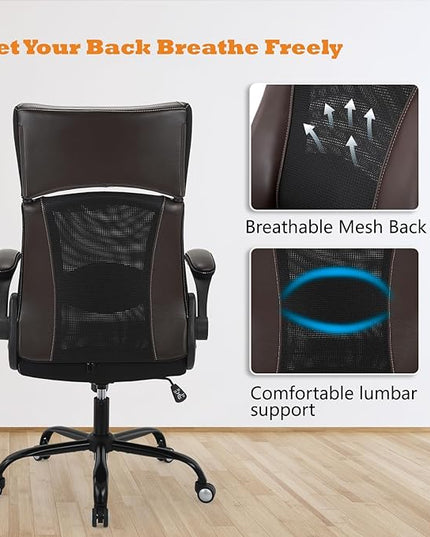Home Office Chair, Ergonomic Desk Chair with Lumbar Support, Faux PU Leather Cushion Mid Back Mesh Executive Computer Chair-Adjustable Headrest, Armrest, Height for Home Office Gaming, Brown - LeafyLoom