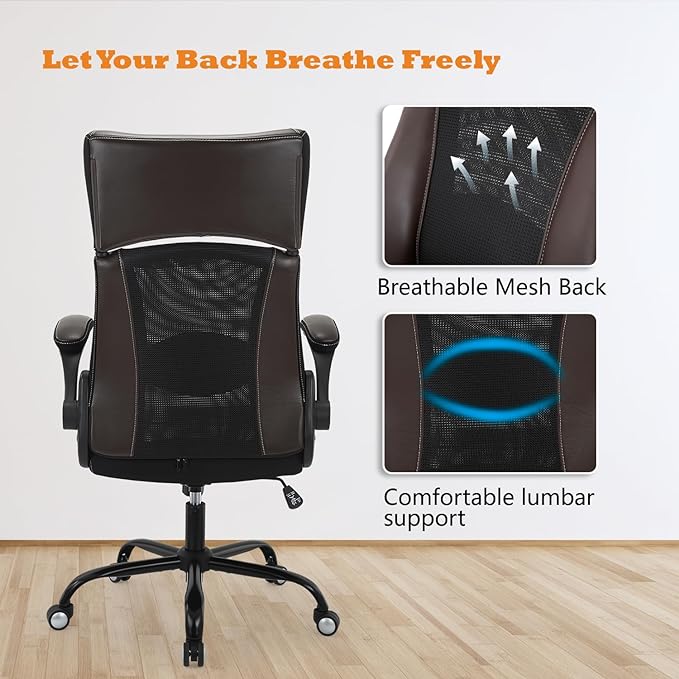 Home Office Chair, Ergonomic Desk Chair with Lumbar Support, Faux PU Leather Cushion Mid Back Mesh Executive Computer Chair-Adjustable Headrest, Armrest, Height for Home Office Gaming, Brown - LeafyLoom