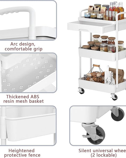 3-Tier Rolling Cart，Trolley with Drawer, Multifunctional Storage Organizer with Plastic Shelf & Metal Wheels, Kitchen Storage Cart for Living Room, Kitchen, Office, Bathroom, White - LeafyLoom